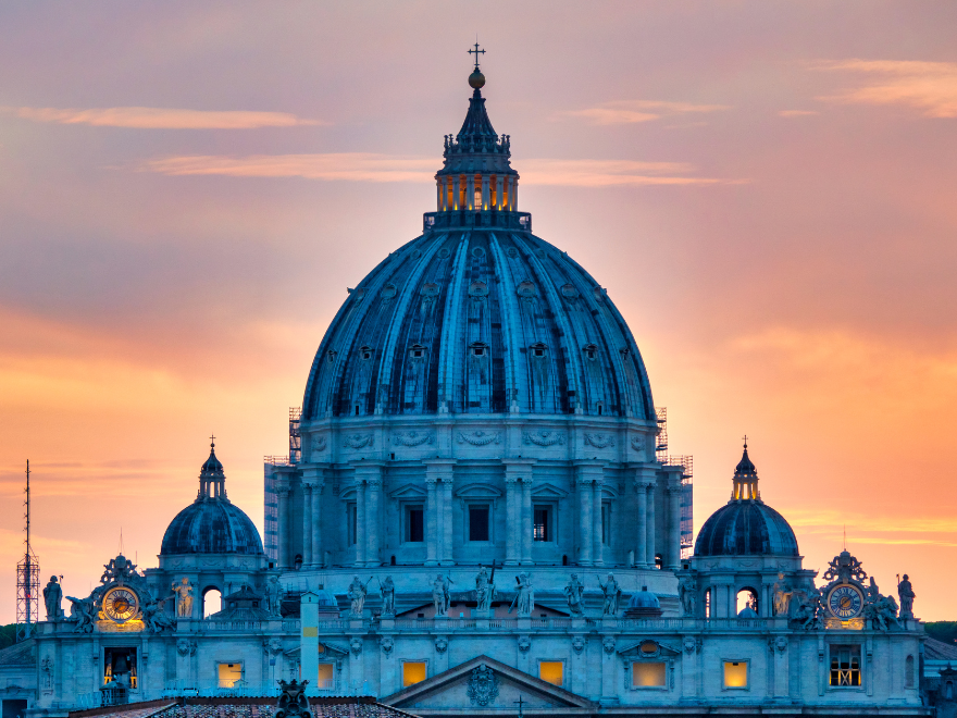 Vatican dome in Rome at sunset, waiting for jubilee 2025